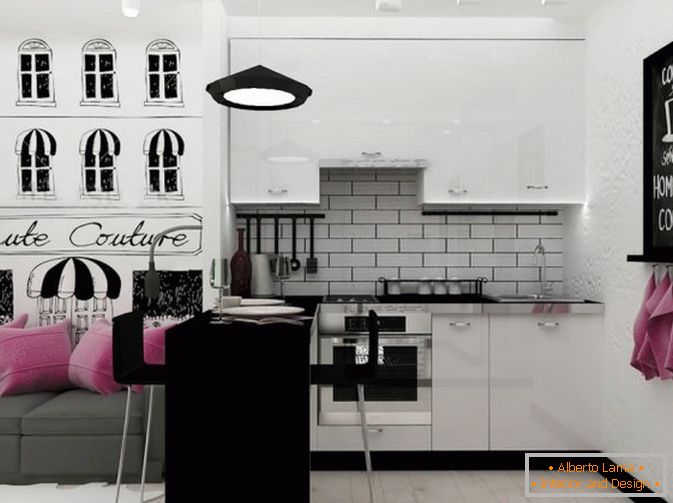 Кухонна зона в чорно-білому кольорі
