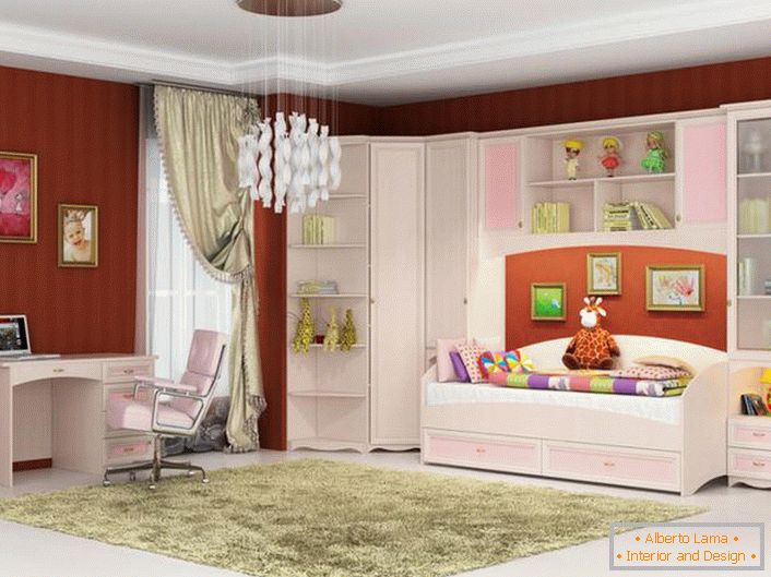 Стильна кімната для юної модниці. Модульні меблі для дитячої виконана в рожевому і білому кольорі - то, що потрібно для дівчинки.