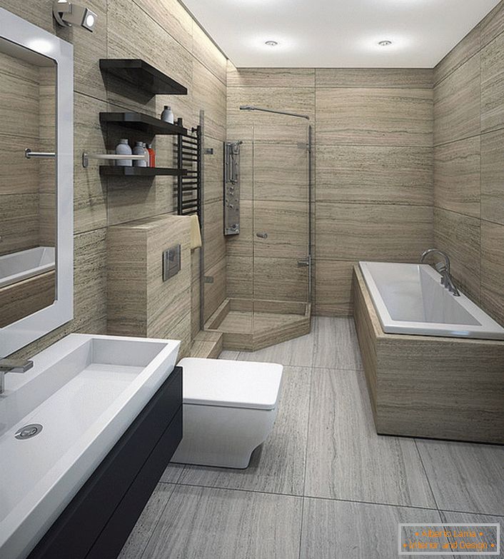 Простора ванна кімната в стилі мінімалізм підходить і для любителів душа, і для тих, хто вважає за краще прийняття ванн.