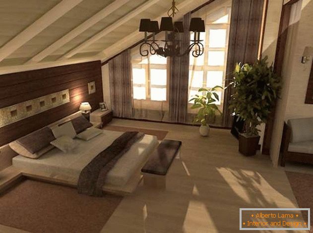 Сучасний дизайн спальні на мансарді в заміському будинку