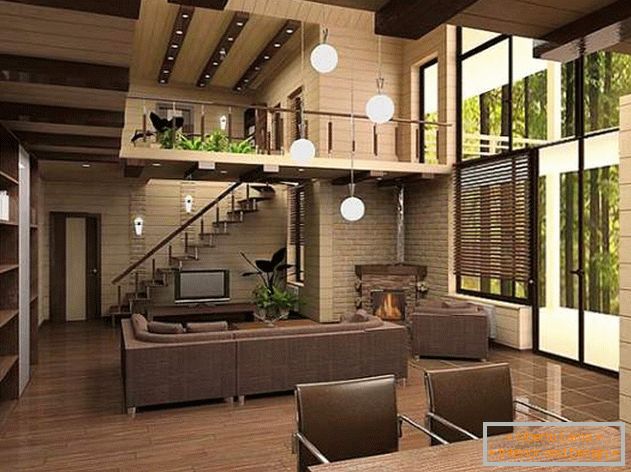 Дизайн інтер'єру дерев'яного заміського будинку з бруса - фото всередині