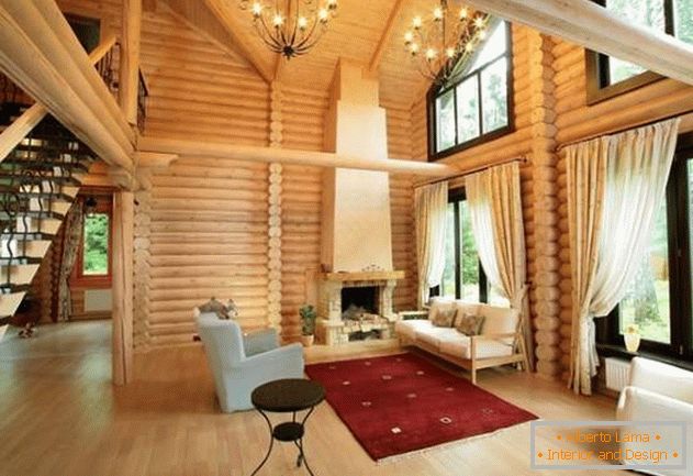 Внутрішній дизайн дерев'яного заміського будинку з колод