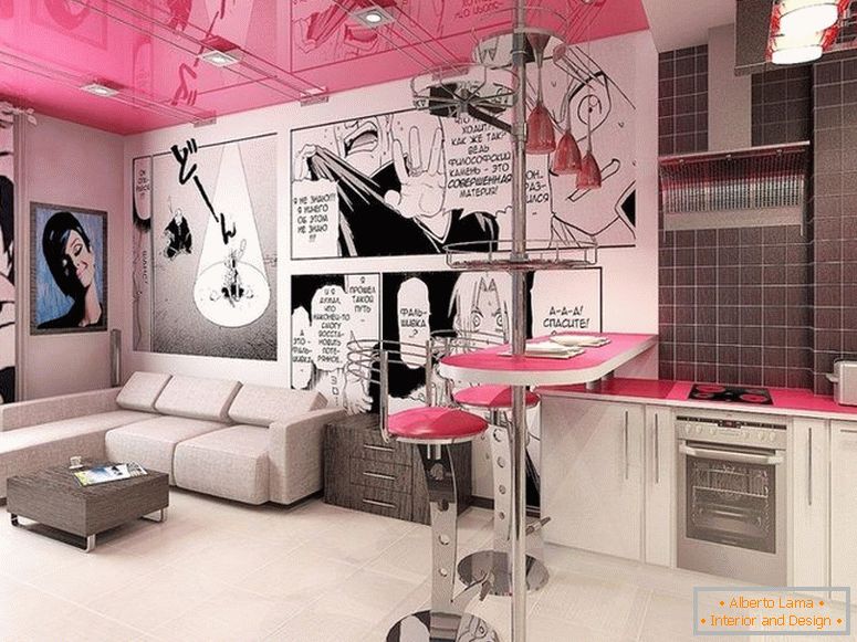 Рожева стеля в інтер'єрі в стилі поп-арт