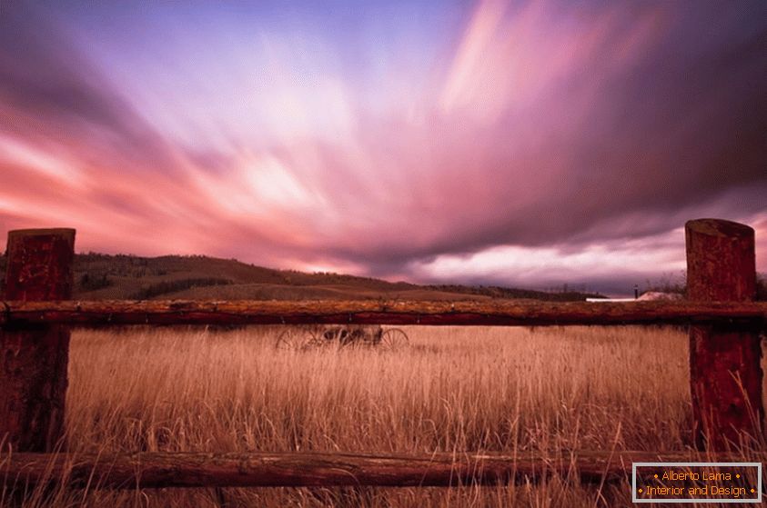Красиві багряні хмари над полем пшениці