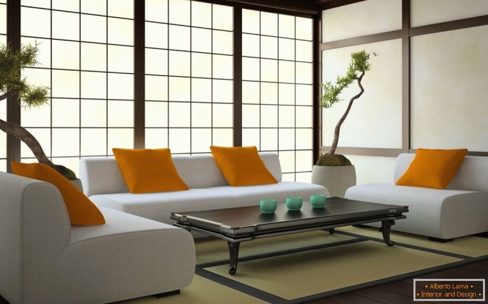 Вітальня в японському стилі со светлыми стенами и темным полом
