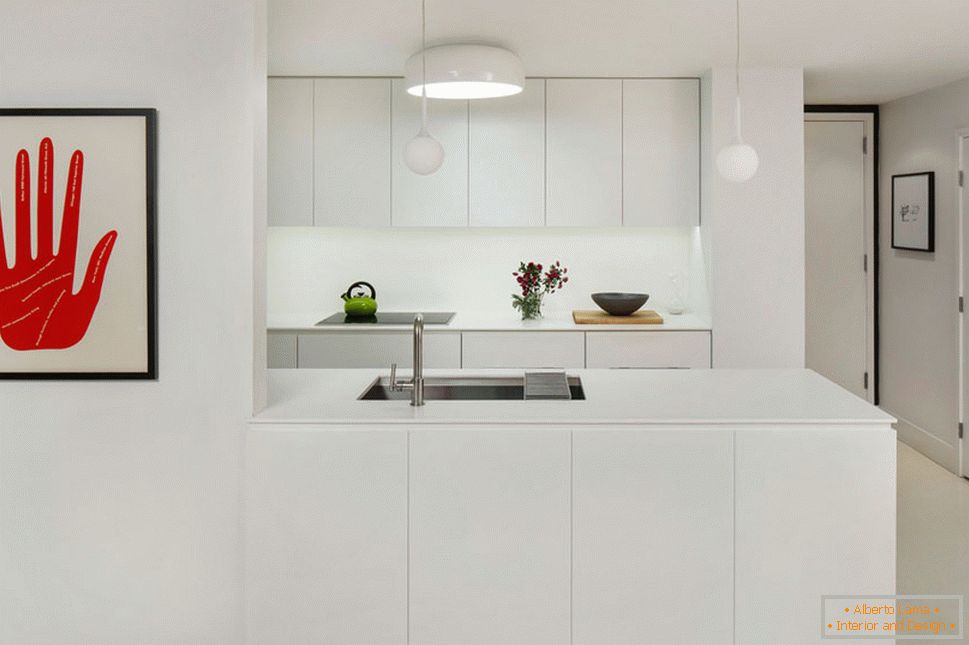 Інтер'єр кухні в білому кольорі з яскравими вкрапленнями