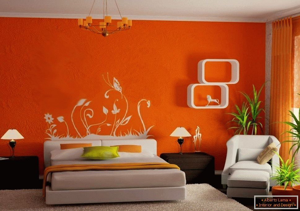 Поєднання помаранчевих стін і білих меблів